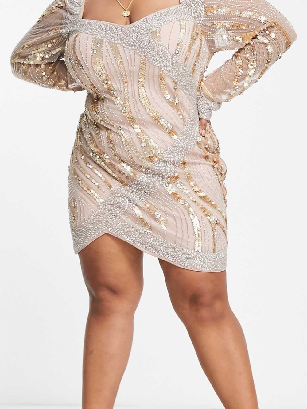 ASOS Curve Blush Pink & Gold Sequin Long Sleeve Bodycon Dress
